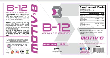 Etiqueta del suplemento líquido Motiv-8 Essentials vitamina B-12