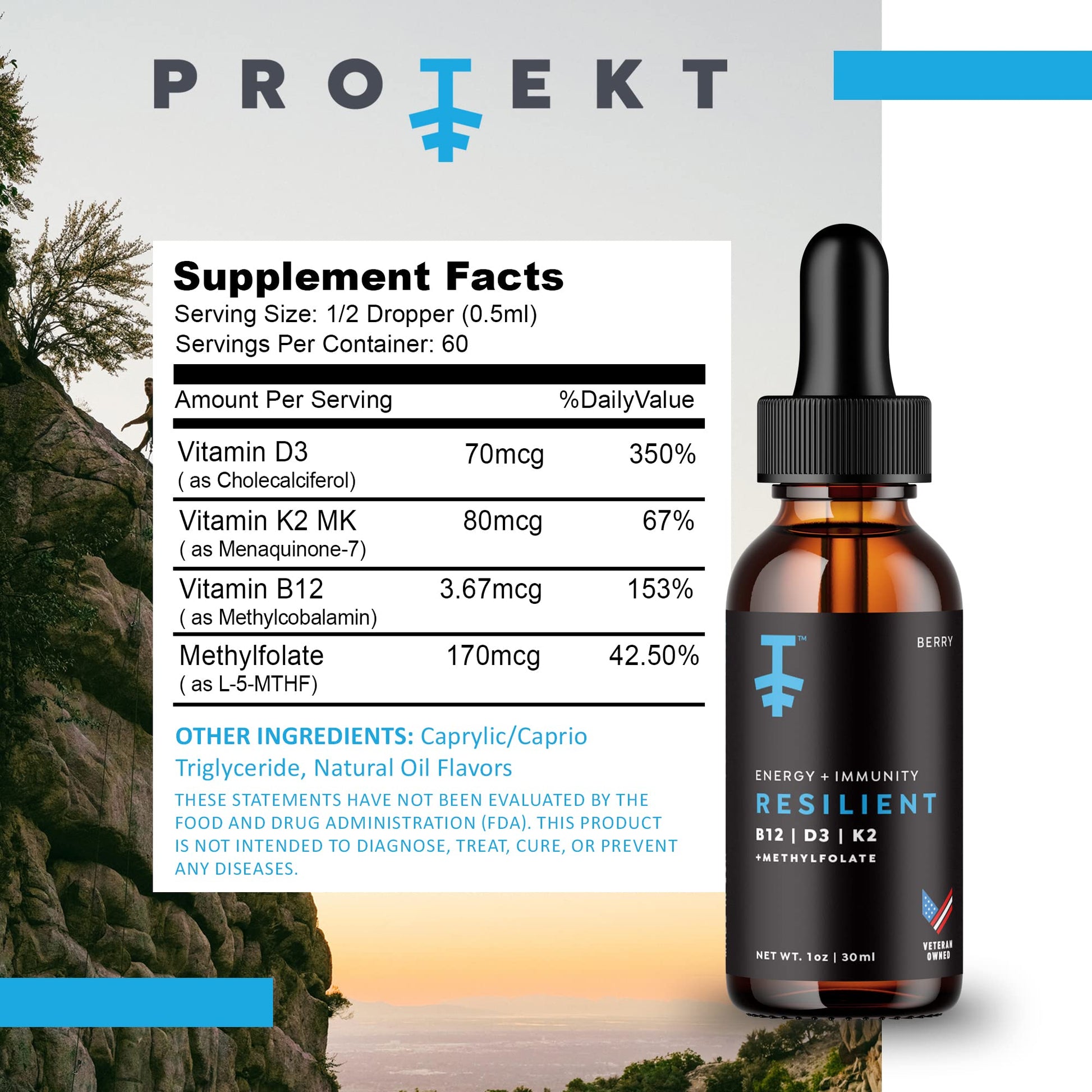 Etiqueta suplemento líquido PROTEKT vitamina D3 K2 B12 metilfolato