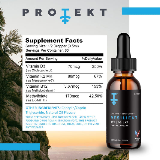 Etiqueta suplemento líquido PROTEKT vitamina D3 K2 B12 metilfolato