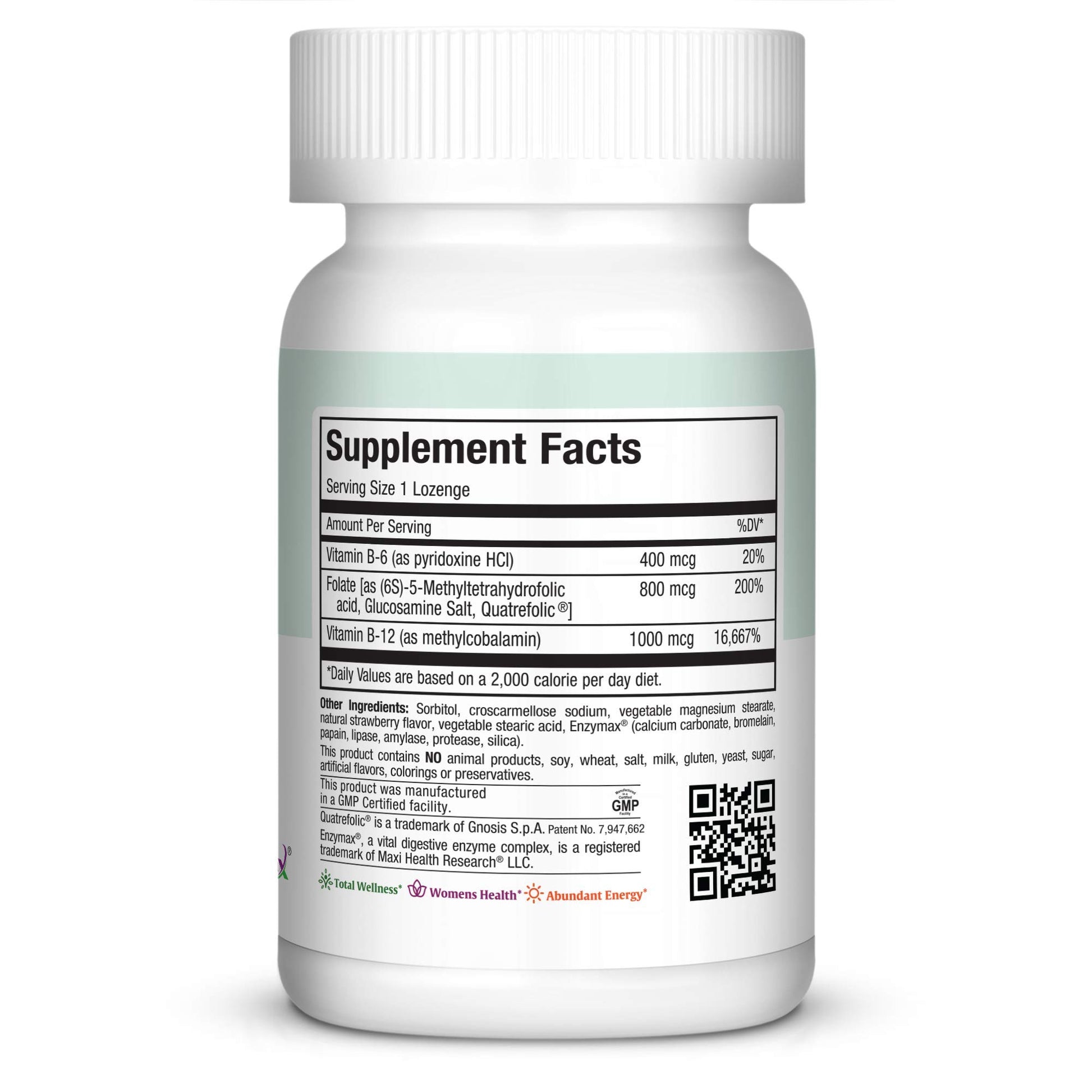 Etiqueta suplemento Maxi Health metilfolato B12 B6 kosher