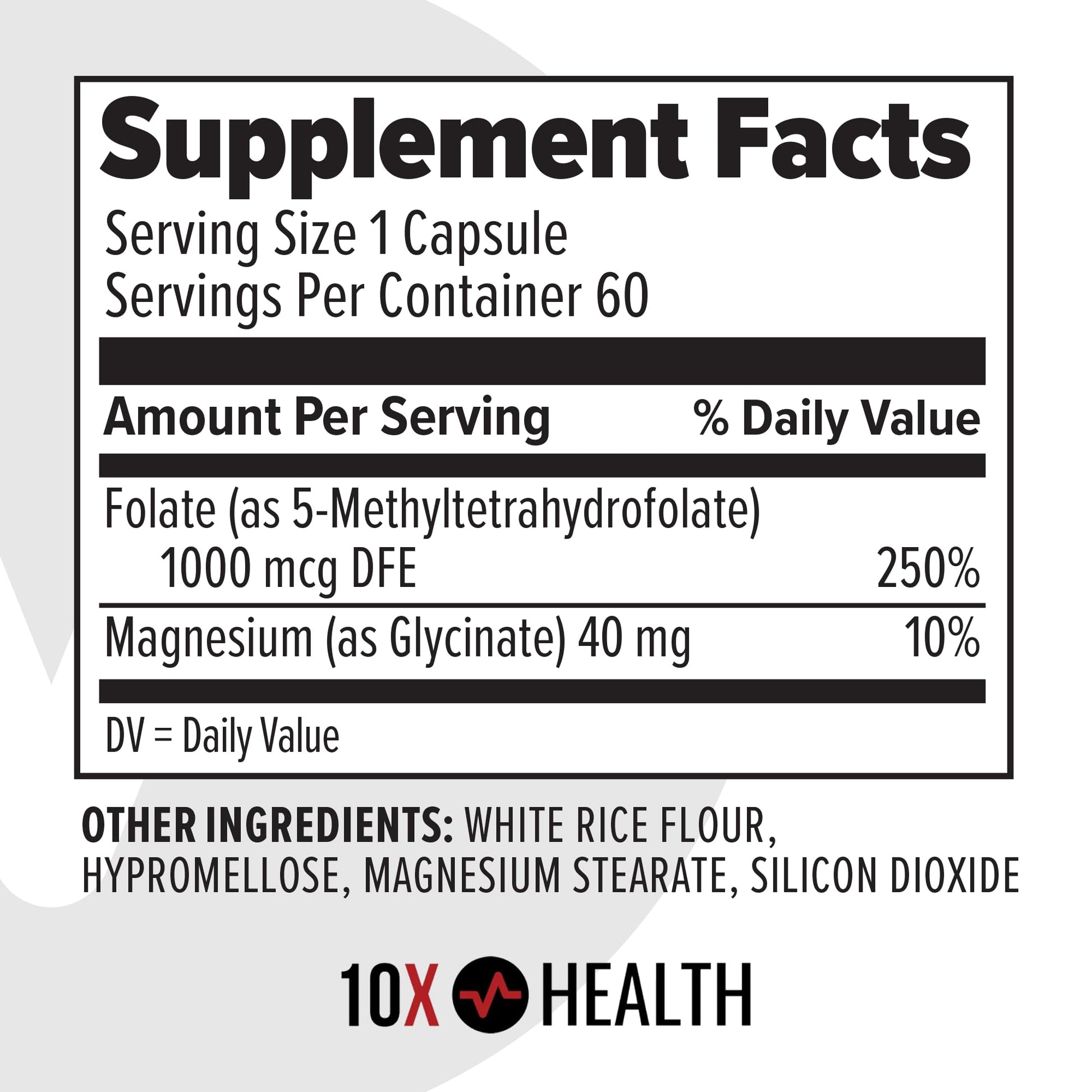 Etiqueta del suplemento metilfolato 10X Health 5 MTHF