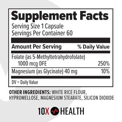 Etiqueta del suplemento metilfolato 10X Health 5 MTHF