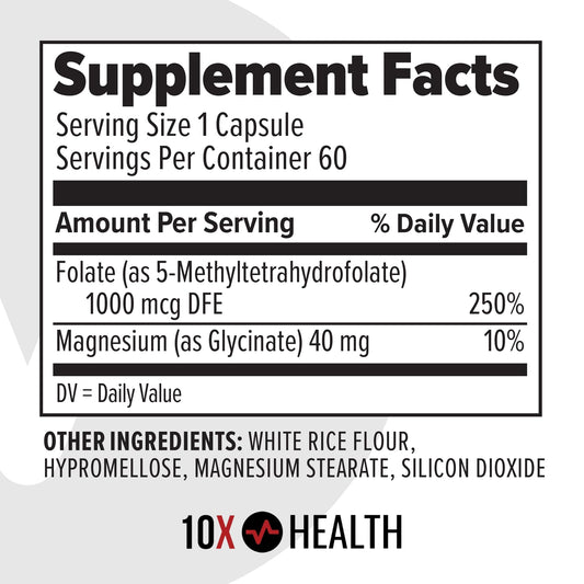Etiqueta del suplemento metilfolato 10X Health 5 MTHF