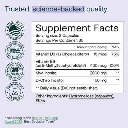Etiqueta suplemento MIRA PCOS con ingredientes para equilibrio hormonal