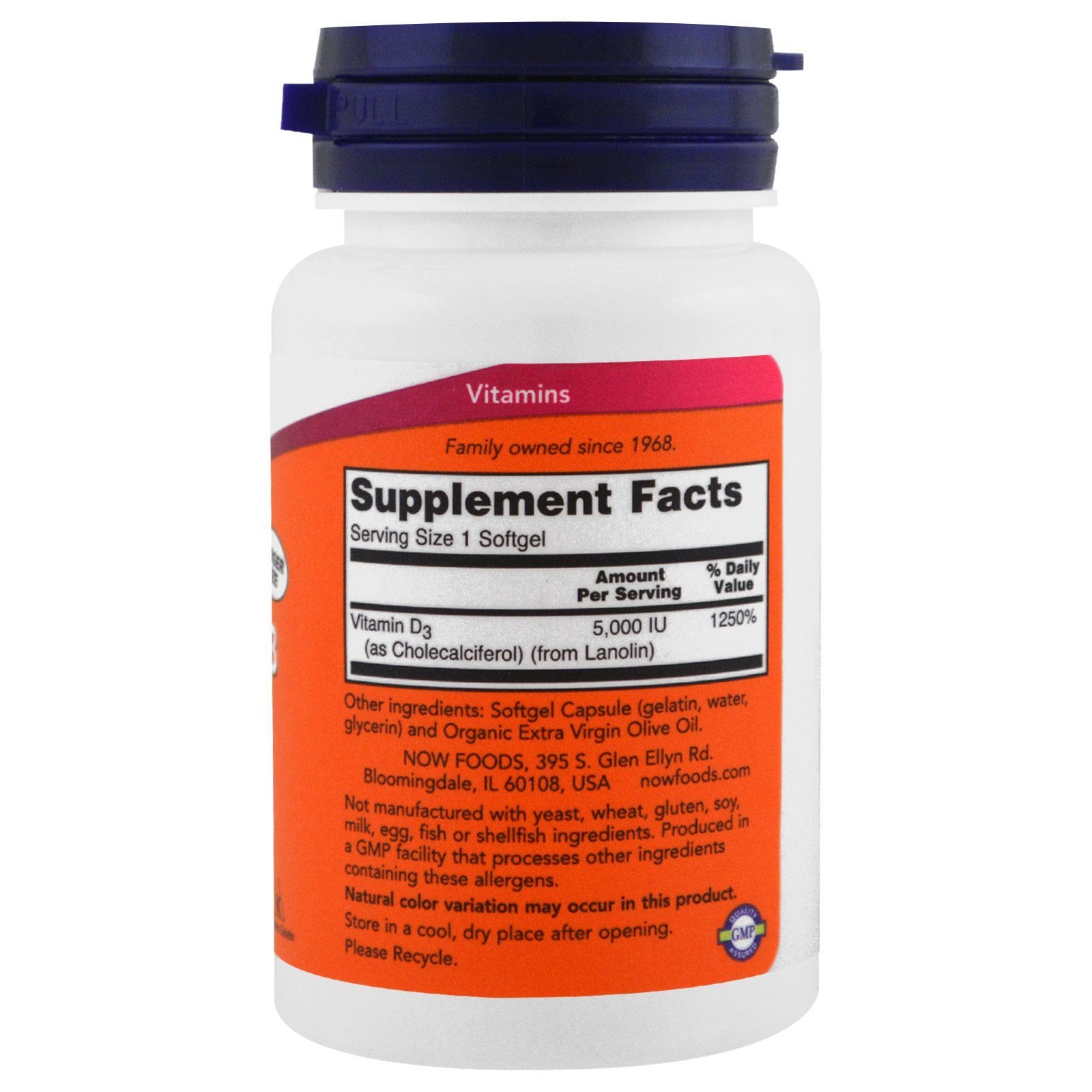 Etiqueta de suplemento NOW Foods Vitamina D-3 5000 UI