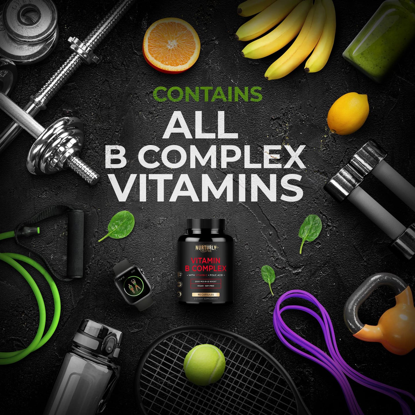 Etiqueta suplemento NURTURLY complejo B vitamina C 90 cápsulas