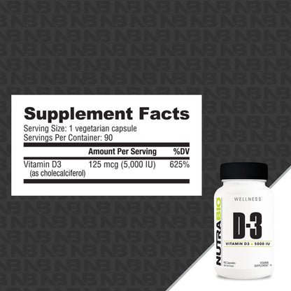 Etiqueta suplemento NutraBio vitamina D3 5000 UI