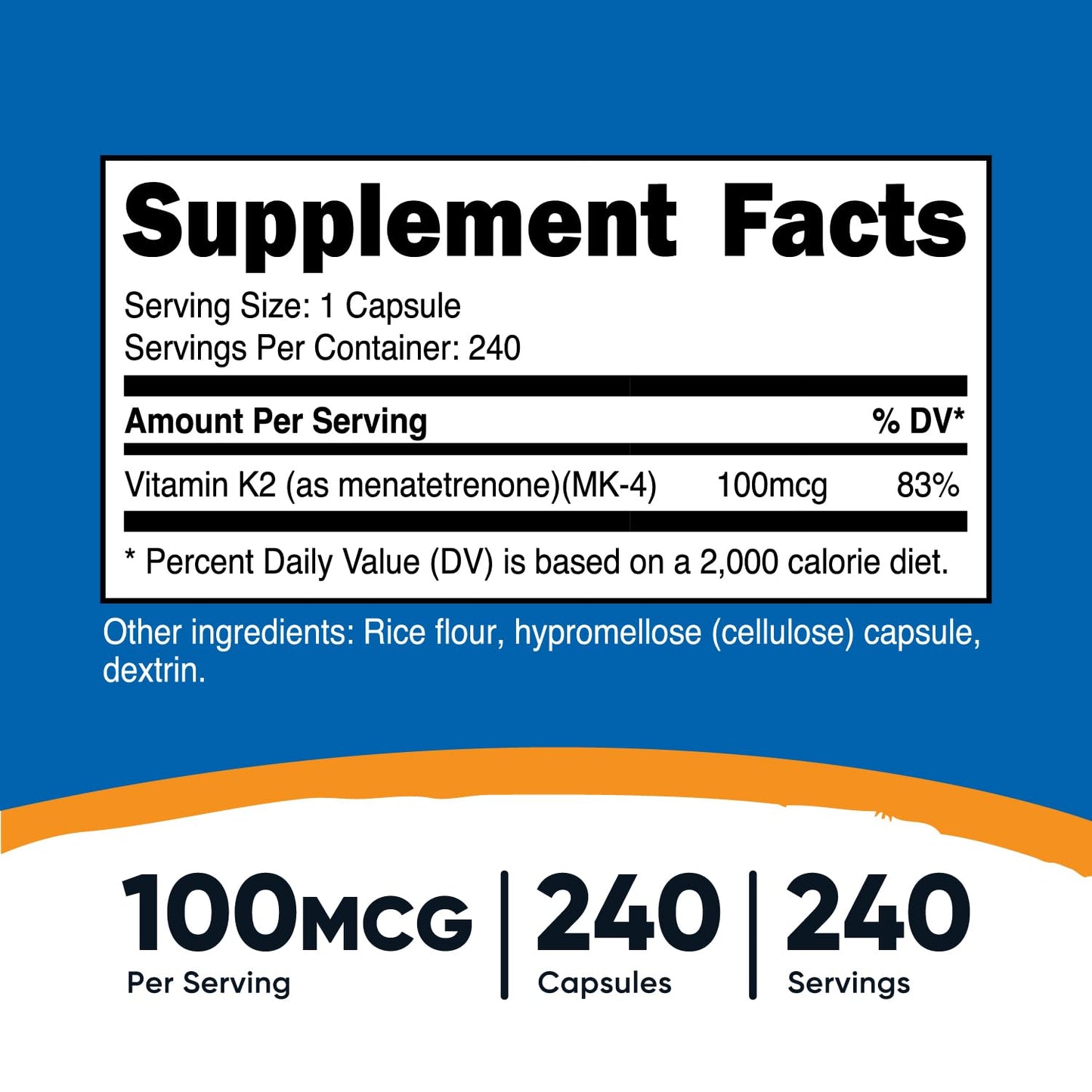 Etiqueta del suplemento Nutricost Vitamina K2 MK4