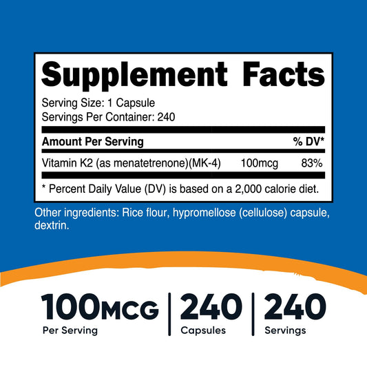 Etiqueta del suplemento Nutricost Vitamina K2 MK4