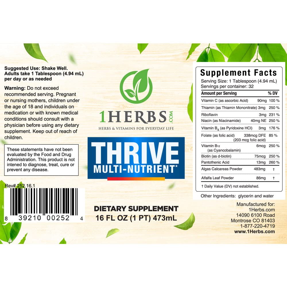 Etiqueta suplemento Thrive multivitaminas líquidas complejo B