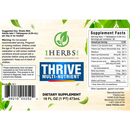 Etiqueta suplemento Thrive multivitaminas líquidas complejo B