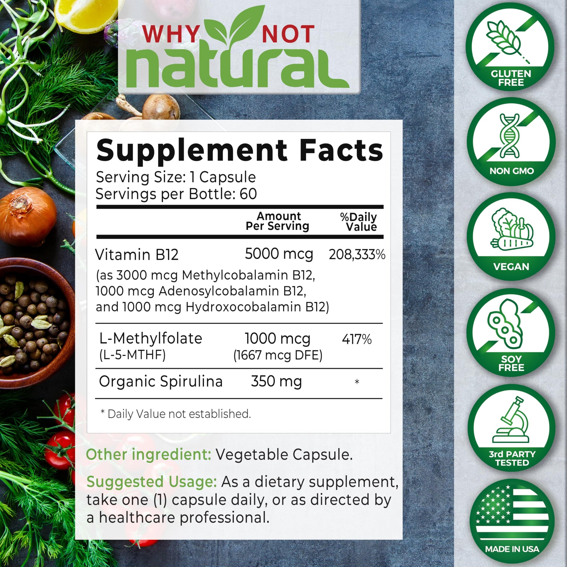 Etiqueta suplemento vitamina B12 complejo bioactivo y metilfolato