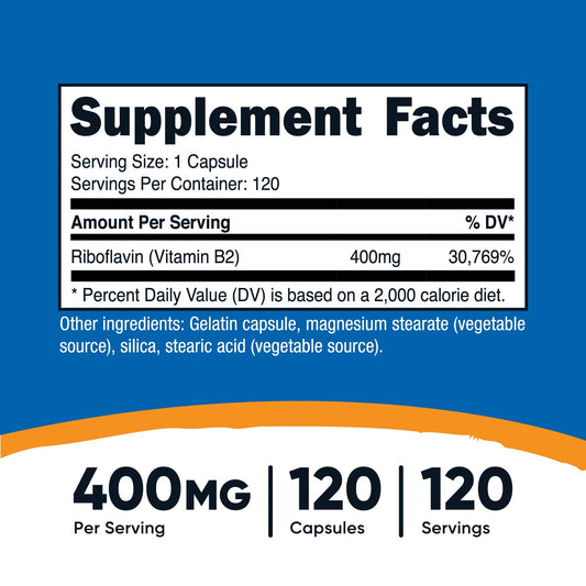 Etiqueta suplemento vitamina B2 Nutricost en botella