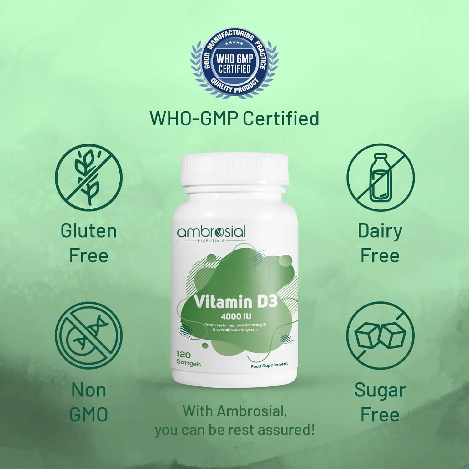 Etiqueta del suplemento Vitamina D3 Ambrosial sin gluten y calidad