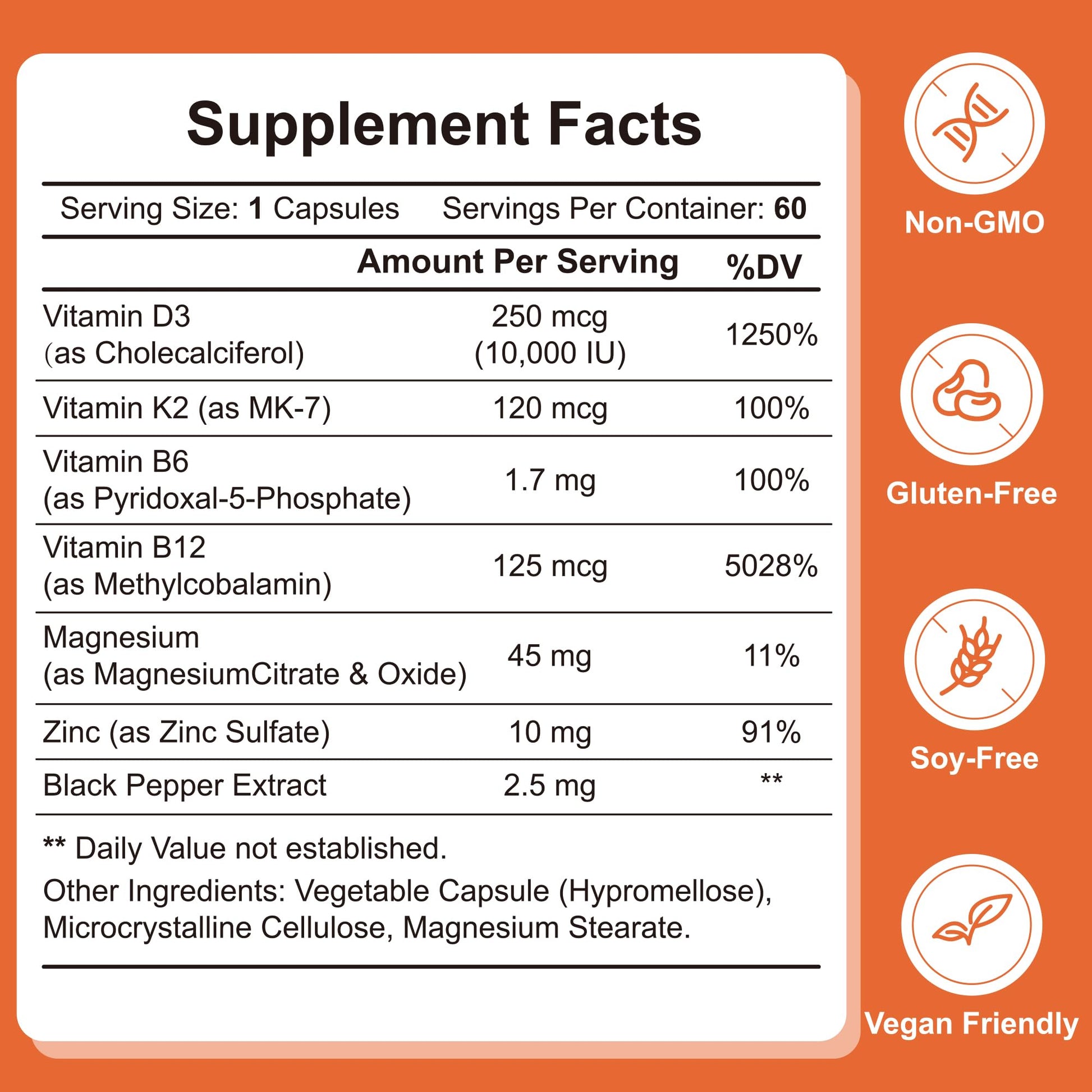 Etiqueta suplemento Vitamina D3 K2 con B6 B12 y minerales