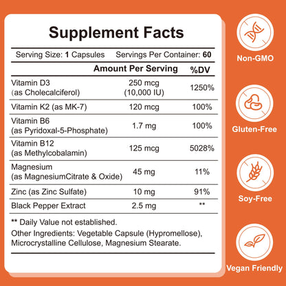 Etiqueta suplemento Vitamina D3 K2 con B6 B12 y minerales