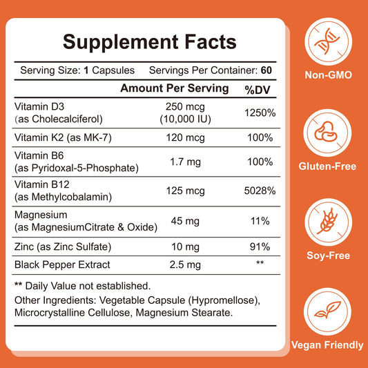 Etiqueta suplemento Vitamina D3 K2 con B6 B12 y minerales