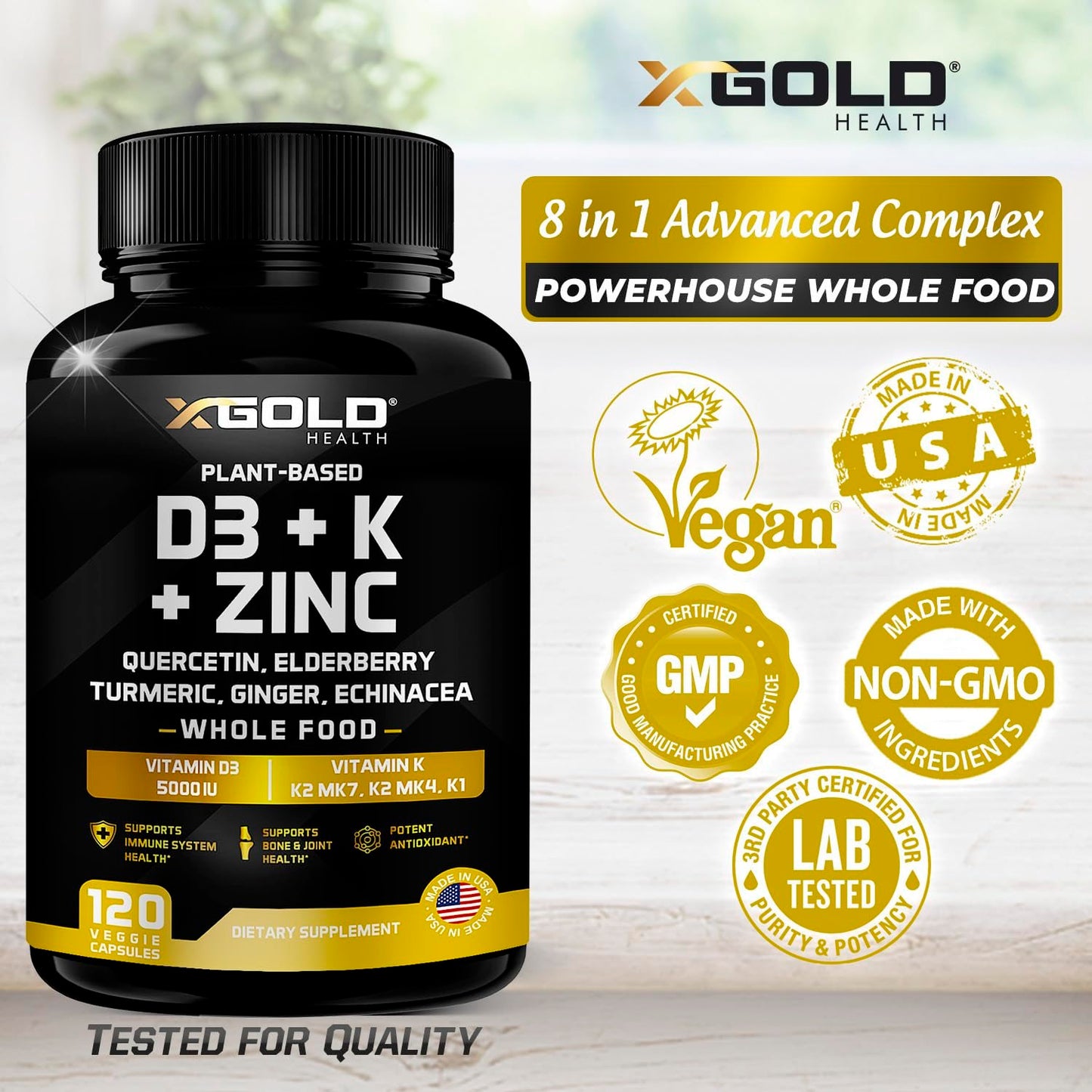 Etiqueta suplemento Vitamina D3 K2 K1 Zinc Saúco 8 en 1