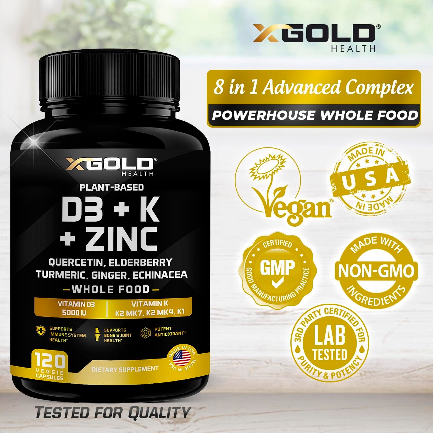 Etiqueta suplemento Vitamina D3 K2 K1 Zinc Saúco 8 en 1