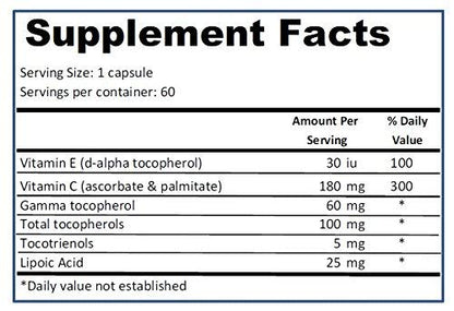 Etiqueta de suplemento VitaE8 vitamina E alta en gamma y baja en alfa