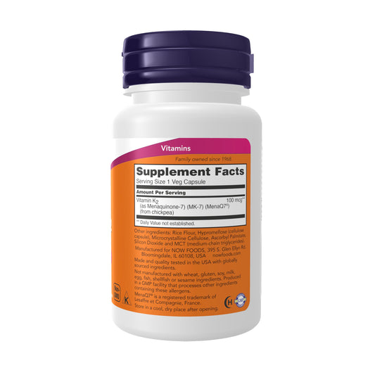 Etiqueta suplemento Vitamina K-2 MK-7 NOW Foods 60 cápsulas