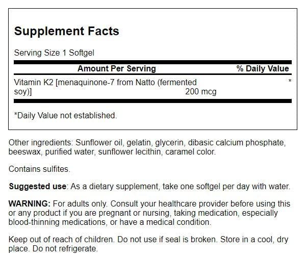 Etiqueta suplemento vitamina K2 Swanson