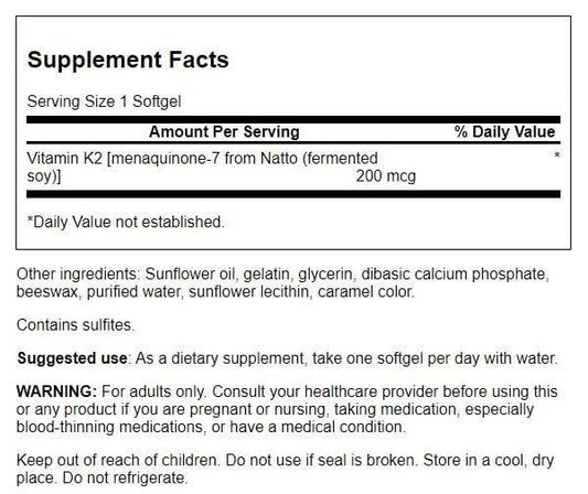 Etiqueta suplemento vitamina K2 Swanson