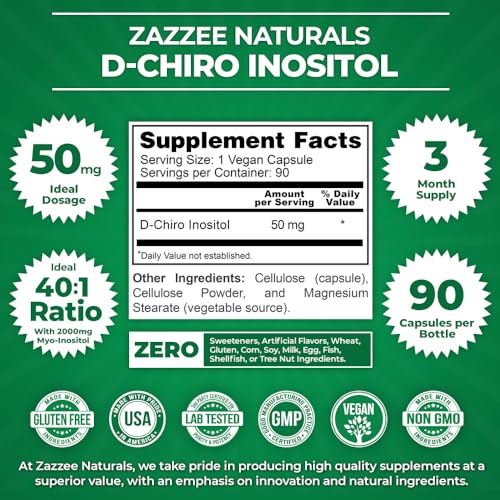 Etiqueta suplemento Zazzee D-Chiro Inositol para apoyo hormonal femenino