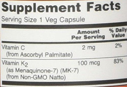 Etiqueta trasera botella vitamina K-2 MK-7 Now Foods