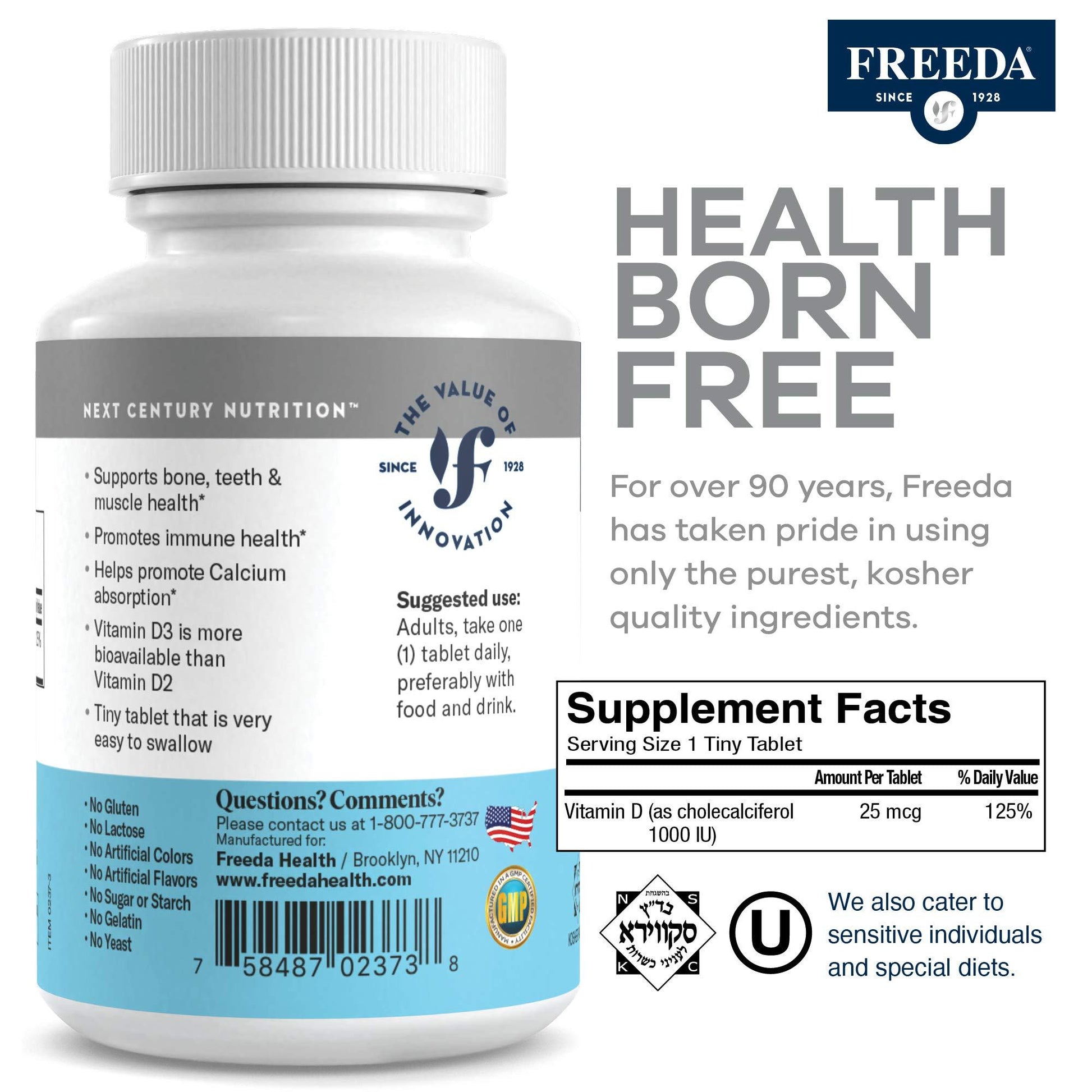 Etiqueta trasera Freeda vitamina d3 1000 ui suplementos kosher