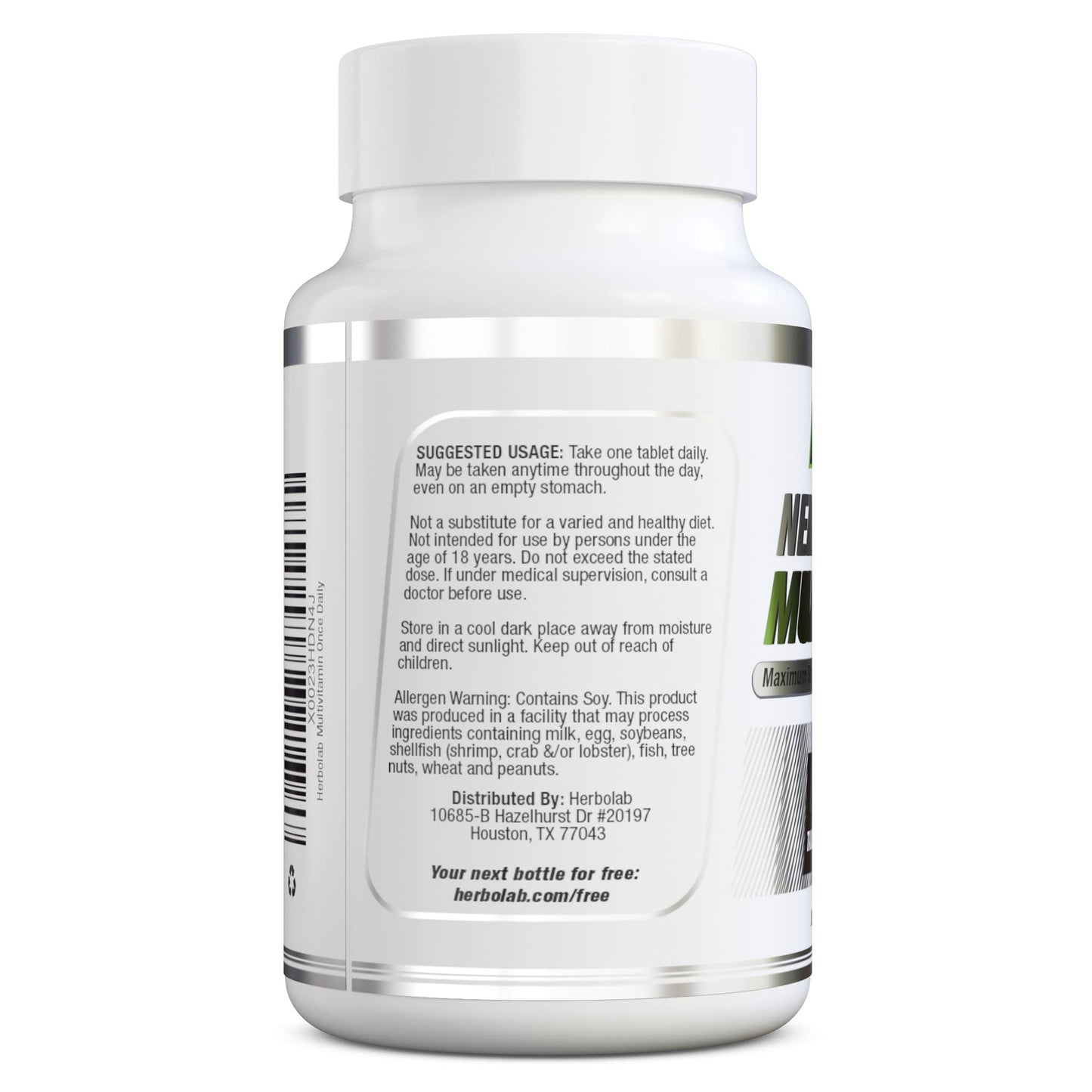 Etiqueta trasera del multivitamínico Herbolab con instrucciones de uso
