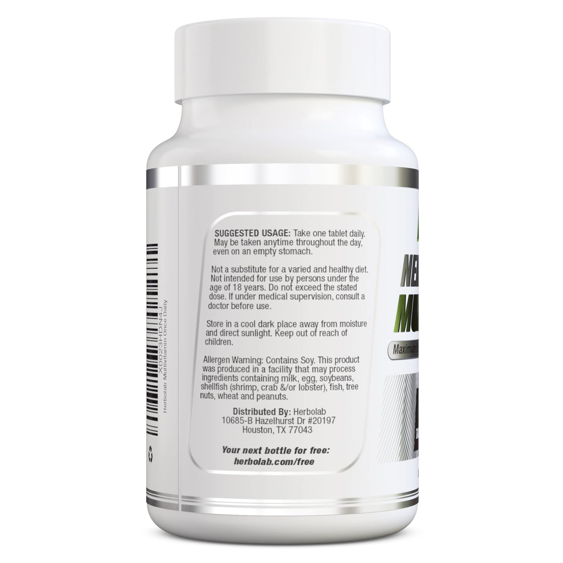 Etiqueta trasera del multivitamínico Herbolab con instrucciones de uso