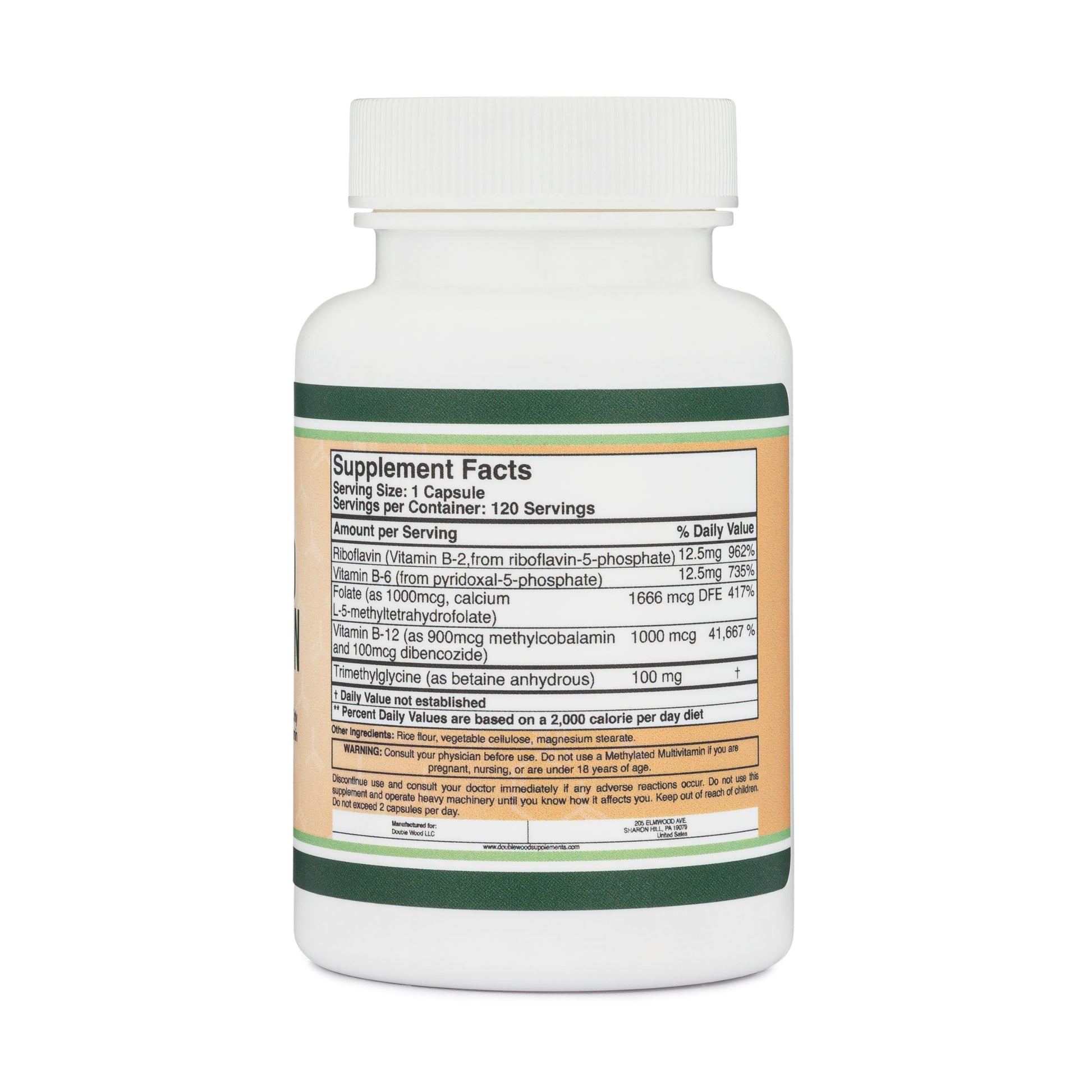 Etiqueta trasera del multivitamínico metilado Double Wood