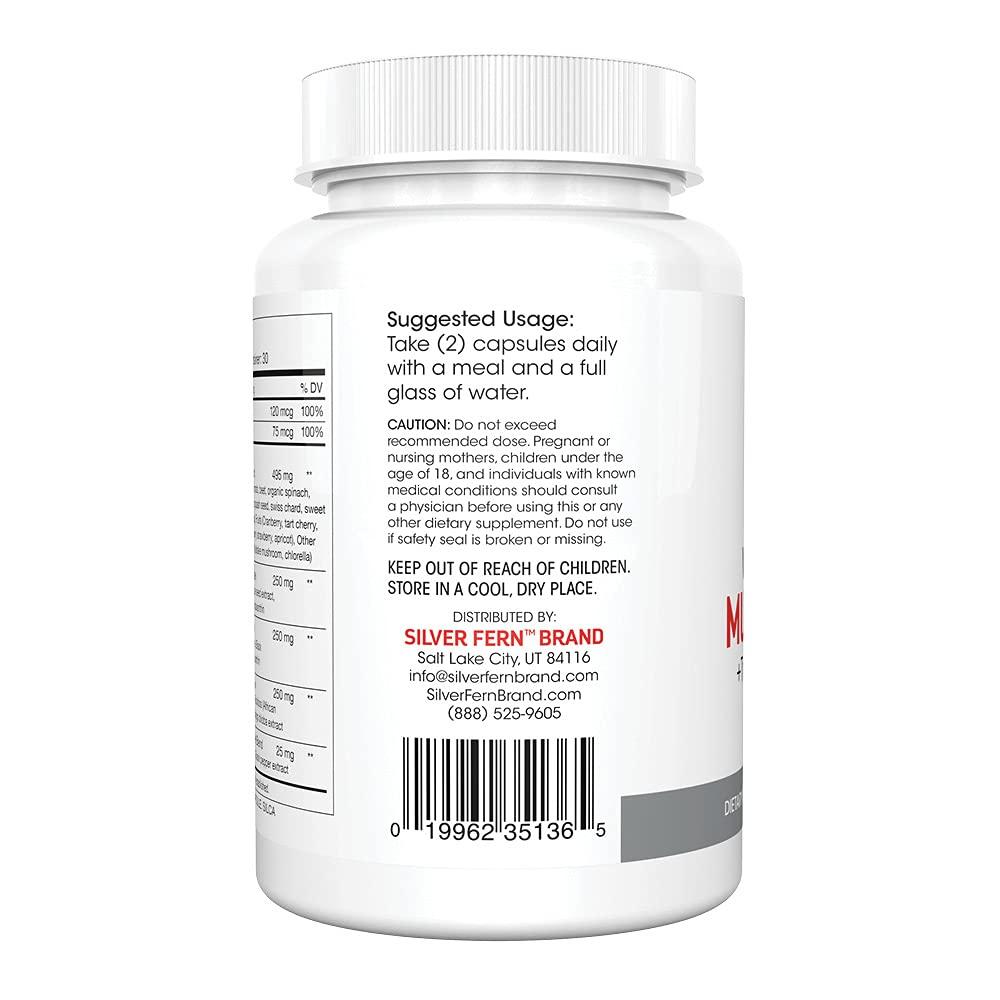 Etiqueta trasera del multivitamínico Silver Fern con instrucciones