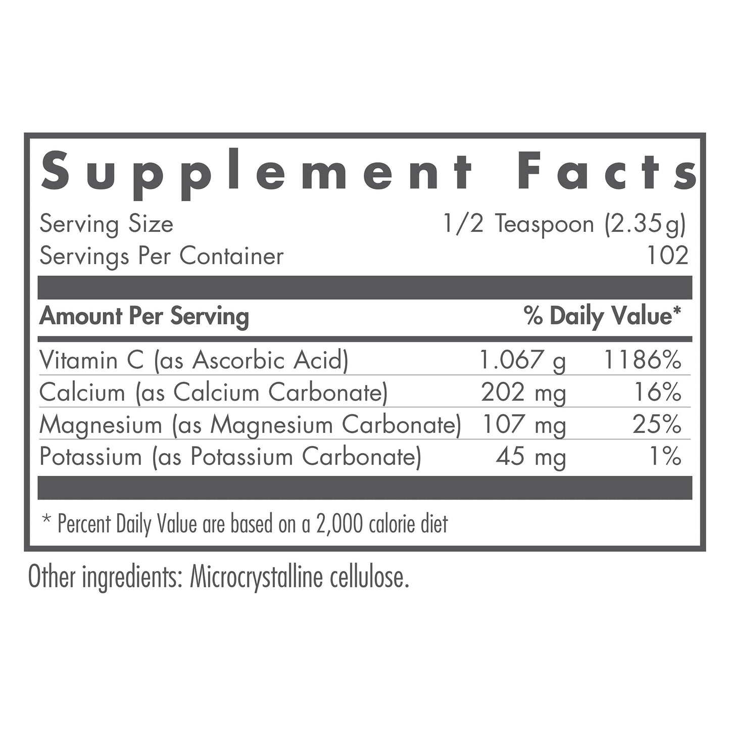 Etiqueta trasera Nutricology polvo vitamina c con ingredientes