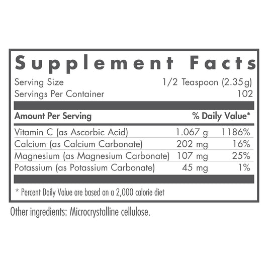 Etiqueta trasera Nutricology polvo vitamina c con ingredientes