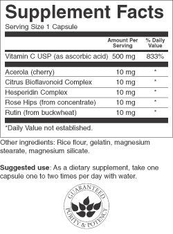 Etiqueta trasera Swanson vitamina C 50 mg 250 cápsulas