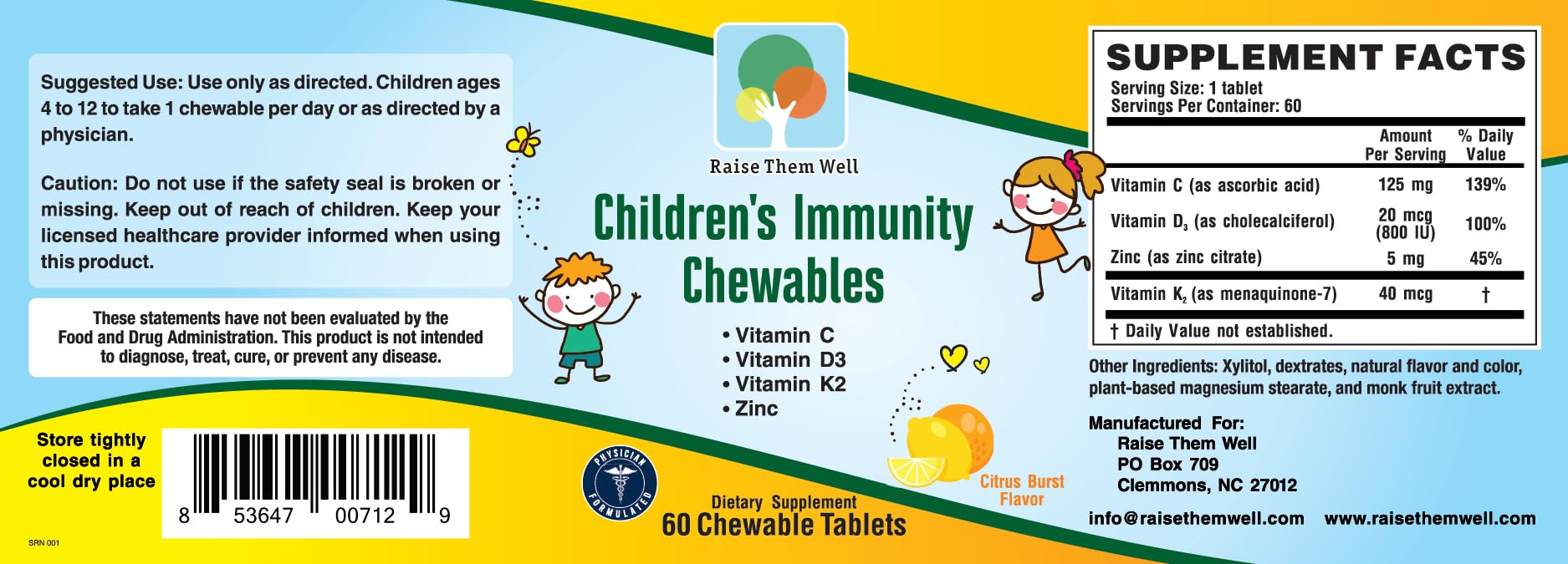 Etiqueta de uso y advertencias de vitamina para niños.