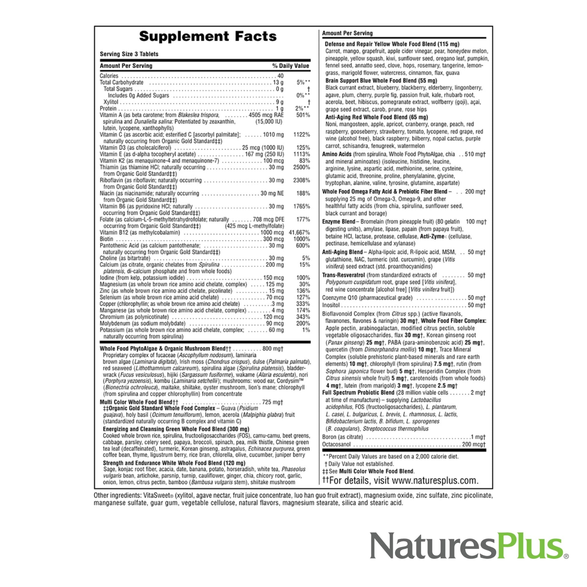 Etiqueta de valores nutricionales del multivitamínico Natures Plus.