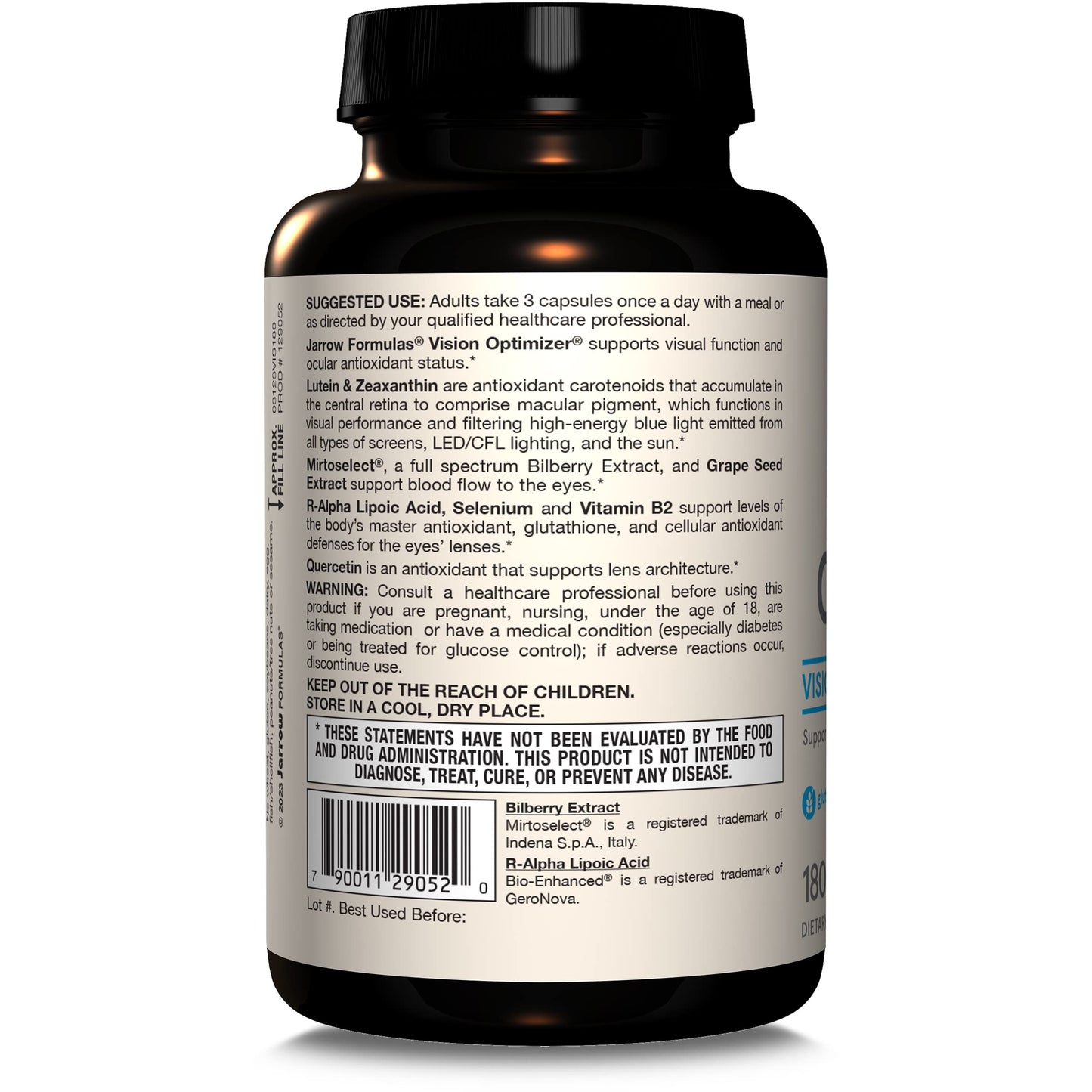 Etiqueta del suplemento Vision Optimizer, suplemento ocular