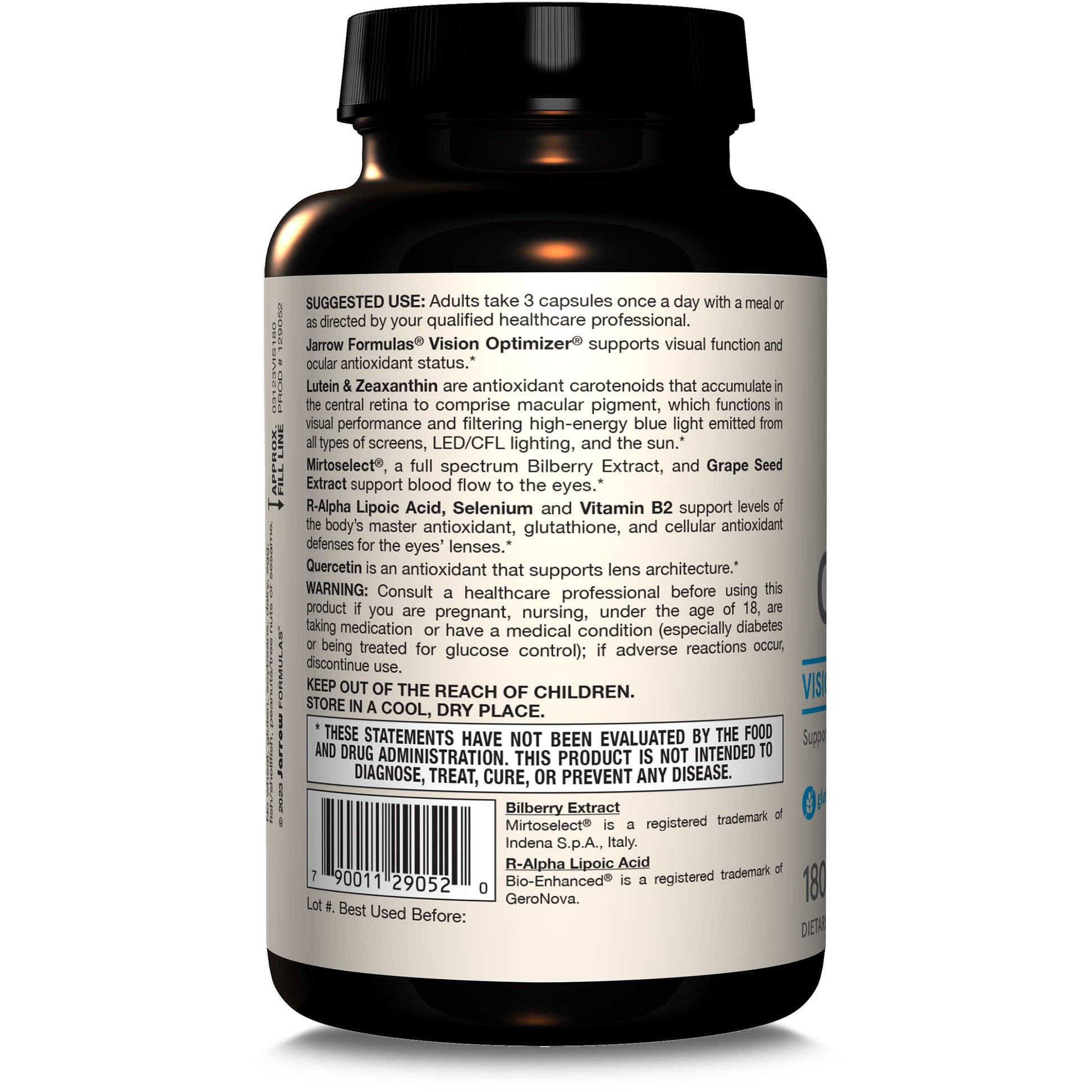 Etiqueta del suplemento Vision Optimizer, suplemento ocular