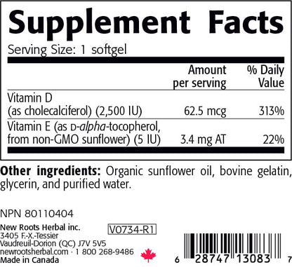 Etiqueta frontal Vitamin D3 2500 UI NEW ROOTS HERBAL