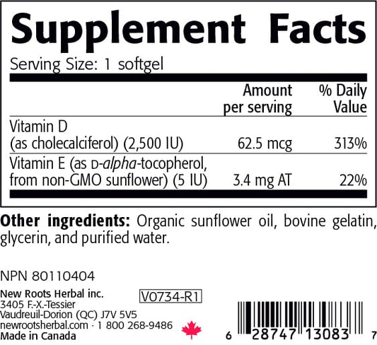 Etiqueta frontal Vitamin D3 2500 UI NEW ROOTS HERBAL