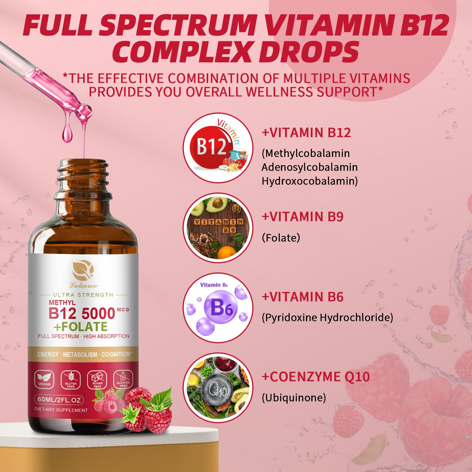 Etiqueta Vitamina B12 vegana Lukaree en botella