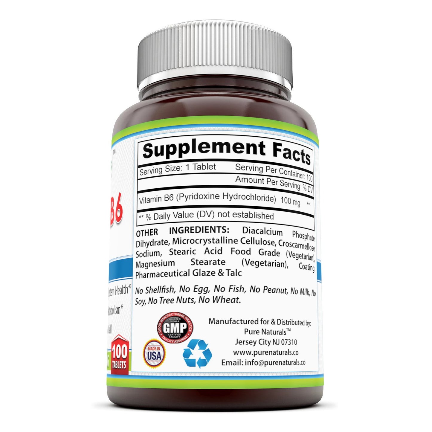 Etiqueta frontal vitamina B6 Pure Naturals 100 mg comprimidos