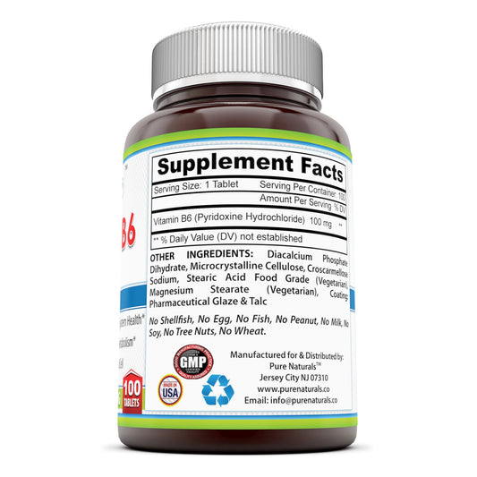 Etiqueta frontal vitamina B6 Pure Naturals 100 mg comprimidos
