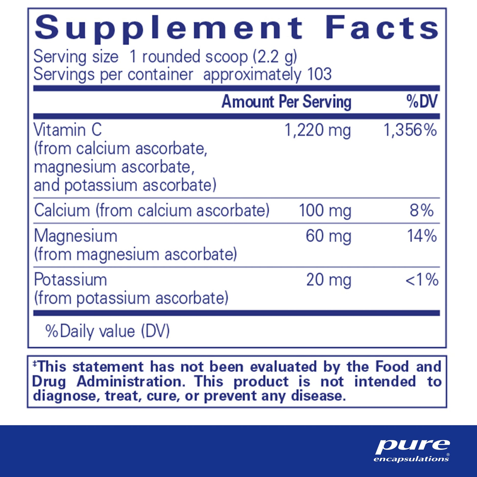 Etiqueta suplemento vitamina C bufferada Pure Encapsulations