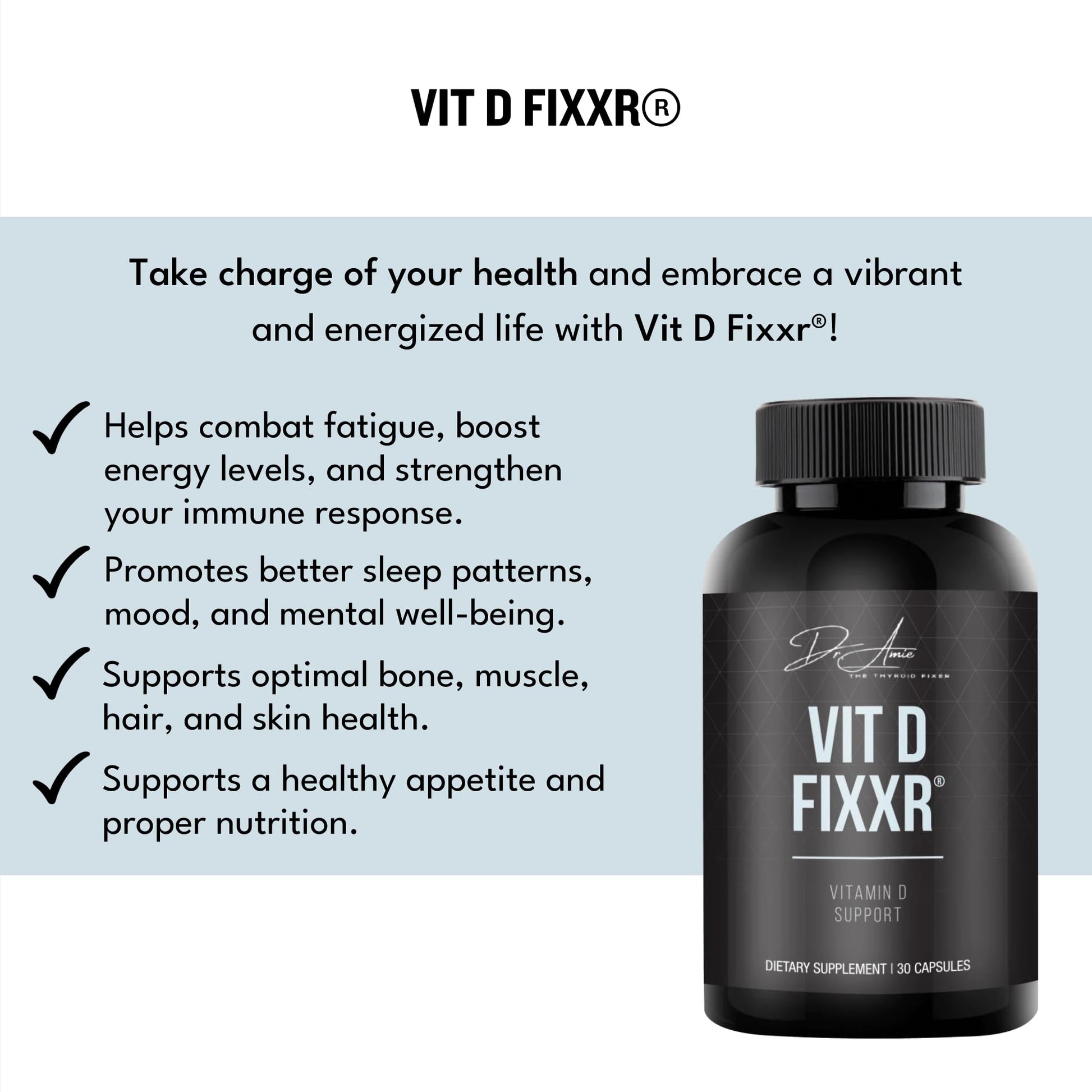 Etiqueta frontal de vitamina D alta potencia Fixxr Dr Amie