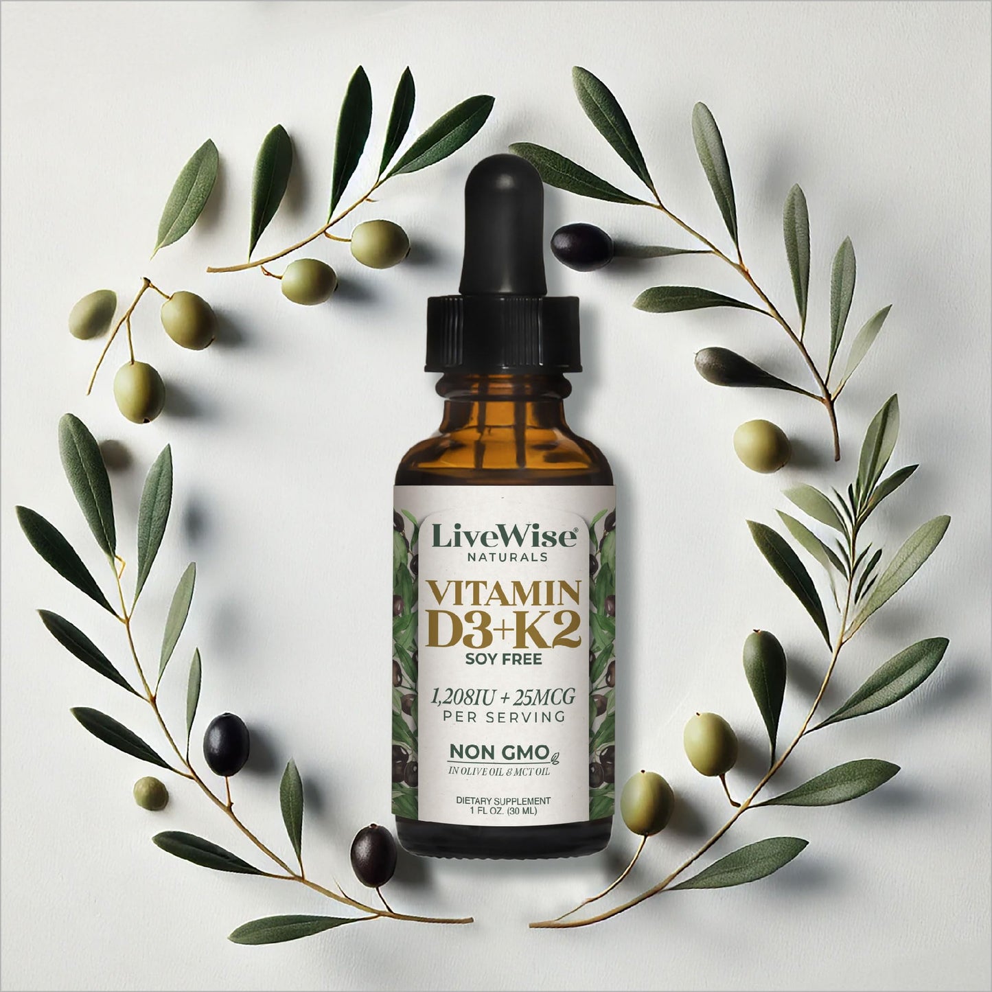 Etiqueta frontal Vitamina D3 K2 gotas Live Wise Naturals