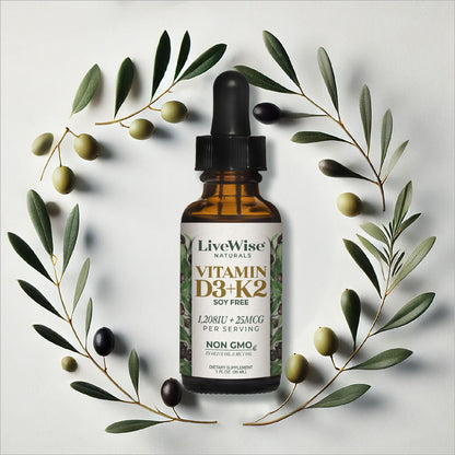 Etiqueta frontal Vitamina D3 K2 gotas Live Wise Naturals